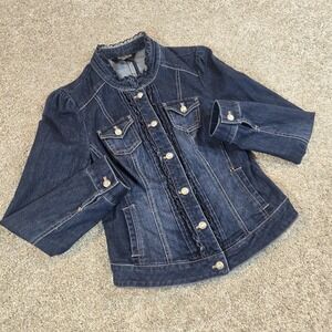 White House Black Market Womans 6 Blue Denim Jean Jacket Ruffle Trim Buttons